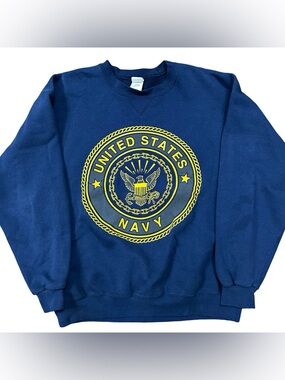 VTG 90s M. J. Soffe Blue Navy United States Crewneck Sweatshirt Sz L Double Side